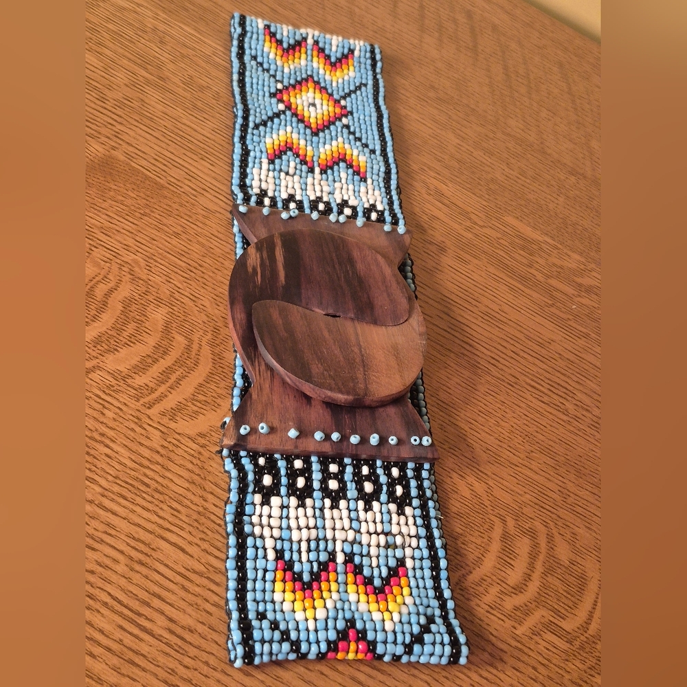 Handmade Beaded Waist Belt with Wooden Buckle - Blue Multi